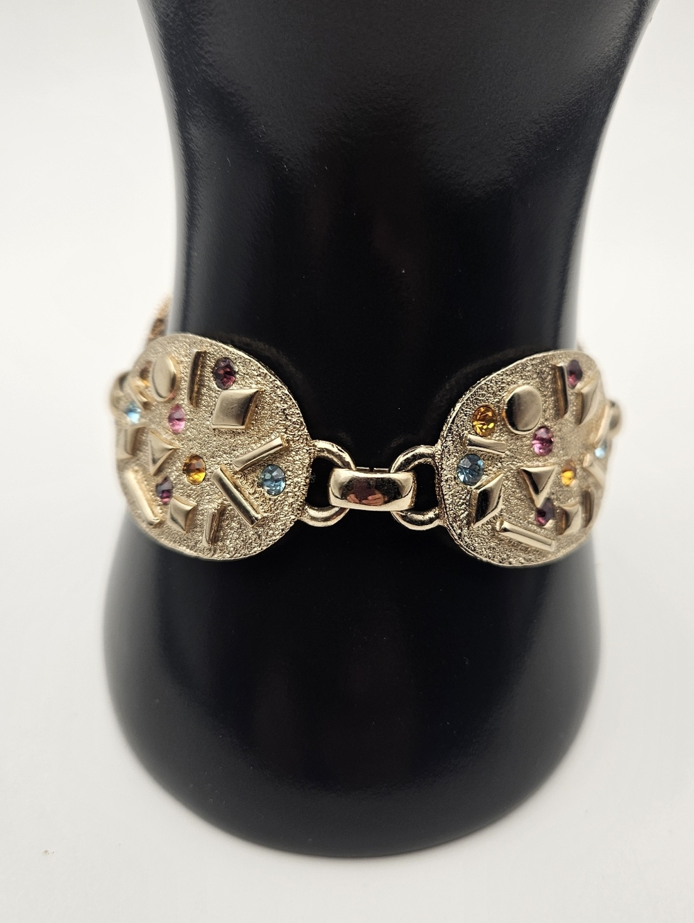 Vintage Sarah Coventry Gold Tone Multi Color Rhinestone Abstract Link Bracelet - Picture 2 of 8